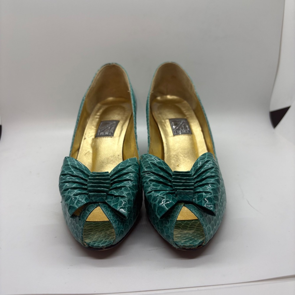 Vintage 80's J.Renee Teal Snakeskin Embossed Peep Toe Kitten Heel Bow Pumps 7.5